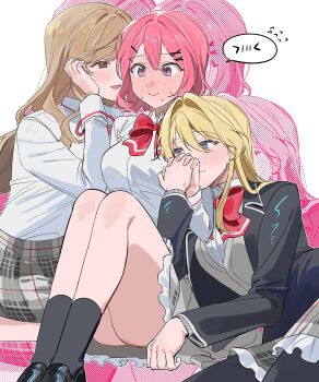 3girls amaori_renako ashigaya_high_school_uniform black_jacket black_pantyhose black_socks blonde_hair blue_eyes blush bow bowtie brown_eyes brown_hair closed_mouth collared_shirt commentary_request flying_sweatdrops girl_sandwich grey_skirt grey_sweater_vest highres holding_hands ilpal118618 jacket korean_commentary long_hair medium_hair mixed-language_commentary multiple_girls nervous_sweating open_mouth ouzuka_mai pantyhose pink_hair plaid_clothes plaid_skirt pleated_skirt purple_eyes red_bow red_bowtie sandwiched school_uniform sena_ajisai shirt skirt smile socks spoken_expression sweat sweater_vest watashi_ga_koibito_ni_nareru_wake_naijan_murimuri! white_shirt yuri