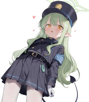 1girl blue_archive blue_hat blue_skirt blush commentary_request demon_tail from_below gloves green_hair green_halo halo hat heoningu highres hikari_(blue_archive) long_hair long_sleeves looking_at_viewer pantyhose pointy_ears simple_background skirt solo tail white_background white_gloves white_pantyhose yellow_eyes