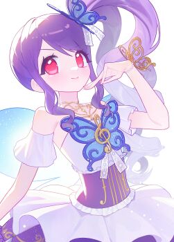 00_soyo 1girl absurdres bare_shoulders blue_butterfly bracelet bug butterfly butterfly_hair_ornament butterfly_wings closed_mouth commentary_request dress hair_ornament hand_up highres idol_clothes insect insect_wings jewelry junon_(pripara) korean_commentary long_hair looking_at_viewer pretty_series pripara purple_dress purple_hair red_eyes side_ponytail sidelocks smile solo standing treble_clef white_background wings