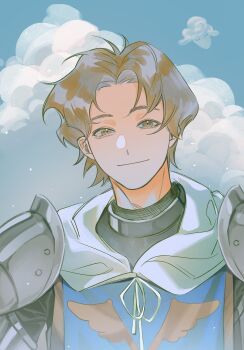 1boy absurdres armor brown_eyes brown_hair cape chinese_commentary closed_mouth cloud commentary_request crick_(octopath_traveler) curtained_hair dusk highres knight looking_at_viewer male_focus octopath_traveler octopath_traveler_ii pauldrons quunbisouscommeca shoulder_armor sky smile solo star_(sky) tabard upper_body white_cape