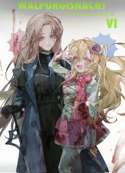 2girls :d black_choker black_garter_straps black_pants black_shirt blonde_hair blood blood_on_clothes blood_on_face blue_coat blue_eyes blue_necktie bow bowtie brown_hair choker coat collared_shirt don_quixote_(project_moon) dress e.g.o_(project_moon) garter_straps hair_ornament hashtag-only_commentary heart heart_hair_ornament highres holding holding_staff in_the_name_of_love_and_hate_(e.g.o) limbus_company long_hair long_sleeves multiple_girls necktie open_clothes open_coat open_mouth pants pink_bow pink_bowtie pink_dress project_moon rodion_(project_moon) shirt smile staff sword teardrop_facial_mark the_sword_sharpened_with_tears_(e.g.o) thighhighs tw4wnpkqamfirtg two_side_up v weapon white_thighhighs yellow_eyes