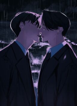 2boys absurdres after_kiss backlighting black_hair black_jacket black_necktie blazer blue_eyes collared_shirt curtained_hair earrings film_grain from_side grey_eyes half-closed_eyes highres jacket jewelry looking_at_another lower_teeth_only multiple_boys necktie night ocean open_mouth original overcast pafujojo rain saliva saliva_trail shirt short_hair side_part sky stud_earrings teeth upper_body upper_teeth_only water_drop waves wet white_shirt yaoi