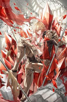 1boy abs architecture arm_support armlet armor armored_boots armored_gloves artist_name bare_pectorals black_coat black_pants blonde_hair boots braid cape chain chest_tattoo coat crystal cup drinking_glass earrings facial_tattoo fylus gold_armlet gold_earrings gold_necklace gradient_hair greco-roman_architecture hair_between_eyes hand_up highres holding holding_cup honkai:_star_rail honkai_(series) jewelry knee_up male_focus medium_hair multicolored_hair mydei_(honkai:_star_rail) necklace open_clothes open_coat pants pauldrons pectorals pillar post-apocalypse pouring red_cape red_hair red_tattoo shards shoulder_armor side_braid single_pauldron sitting solo tattoo toned toned_male twitter_username wine_glass yellow_eyes