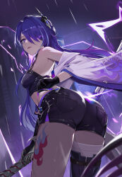 Rule 34 | 1girl, absurdres, acheron (honkai: star rail), armpit crease, ass, asymmetrical legwear, back, bandaged leg, bandages, bare shoulders, black gloves, black shorts, boots, breasts, coat, commentary request, electricity, eyes visible through hair, from behind, gloves, hair ornament, hair over one eye, highres, holding, holding strap, holding sword, holding weapon, honkai: star rail, honkai (series), leg tattoo, looking at viewer, medium breasts, midriff, navel, parted lips, purple eyes, purple hair, rain, s-aku-ra, short shorts, shorts, single thigh boot, solo, sword, tattoo, thigh boots, thighs, weapon, wet, white coat