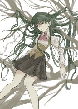 1girl black_skirt braid branch character_request check_character closed_eyes collared_shirt feet_out_of_frame green_hair hair_flowing_over in_tree long_hair long_sleeves marcia_orz neckerchief parted_lips pleated_skirt red_neckerchief sayonara_wo_oshiete shirt side_braids simple_background sitting sitting_in_tree skirt solo sugamo_mutsuki tree underbust very_long_hair vest white_background white_shirt wing_collar yellow_vest