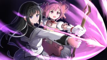 2girls :o absurdres aiming akemi_homura akemi_homura_(magical_girl) arrow_(projectile) attack back_bow black_background black_capelet black_hair black_hairband bow bow_(weapon) buttons capelet center_frills chest_jewel choker collared_capelet commentary cowboy_shot d_kayst determined drawing_bow dress energy_arrow english_commentary fire floating_clothes floating_hair frilled_dress frilled_skirt frilled_sleeves frills furrowed_brow gem gloves grey_capelet hair_bow hairband happy high_collar highres holding holding_arrow holding_bow_(weapon) holding_weapon jitome kaname_madoka kaname_madoka_(magical_girl) layered_sleeves light_particles long_hair long_sleeves looking_ahead loose_hair_strand magical_girl mahou_shoujo_madoka_magica mahou_shoujo_madoka_magica_(anime) miniskirt multiple_girls open_mouth outline parted_lips pink_bow pink_dress pink_eyes pink_fire pink_gemstone pink_hair puffy_short_sleeves puffy_sleeves purple_bow purple_eyes red_choker sharing short_hair short_sleeves short_twintails skirt skirt_under_dress smile sparkle tareme twintails two-tone_capelet v-shaped_eyebrows very_long_hair waist_bow weapon white_dress white_gloves white_outline white_skirt white_sleeves