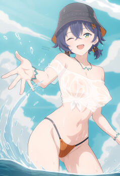 1girl absurdres audirenze bare_shoulders belle_(summer_skies)_(zenless_zone_zero) belle_(zenless_zone_zero) bikini blue_eyes blue_hair breasts cameltoe cloud cloudy_sky collarbone covered_erect_nipples covered_navel crop_top gluteal_fold hat highres looking_at_viewer low_twintails medium_breasts navel nipples ocean off-shoulder_shirt off_shoulder one_eye_closed one_side_up open_mouth see-through_clothes shirt sky solo splashing standing stomach swimsuit twintails wet wet_clothes zenless_zone_zero