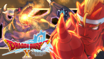 1boy 1other black_background blonde_hair border breath_weapon breathing_fire brown_border colored_sclera colored_skin commentary_request copyright_logo copyright_name creature_request dragon dragon_quest dragon_quest_ix dragon_quest_x fire frown glowing gold_border headband highres horns imminent_fight logo looking_to_the_side mohawk muscular muscular_male open_mouth pink_eyes pointy_ears red_horns red_sclera red_skin shoulder_spikes spikes tsukimi_(eyhyexx) upper_body white_headband white_horns zubo_(dq9)
