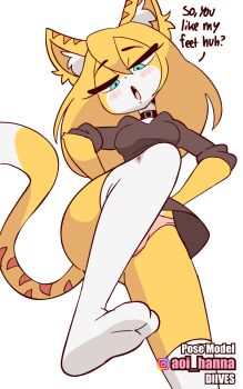 animal_ear_fluff animal_ears animal_nose animated animated_gif blonde_hair blush diives english_text feet femdom furry green_eyes hand_on_own_hip highres leggings open_mouth panties rubbing stomping tail thighhighs thighs underwear white_background yellow_fur