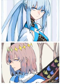 1boy 1girl artist_name blue_eyes braid butterfly_wings chest_spike crown expressionless fate/grand_order fate_(series) from_side grey_eyes grey_hair hair_between_eyes highres insect_wings ki_wa001 long_hair looking_to_the_side medium_hair morgan_le_fay_(fate) morgan_le_fay_(queen_of_winter)_(fate) oberon_(fate) oberon_(first_ascension)_(fate) sidelocks tree upper_body white_hair wings