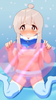 1girl absurdres ahoge bikini bikini_bottom_only blue_bikini blue_capelet blue_thighhighs blush breasts brown_eyes capelet commentary fur-trimmed_capelet fur-trimmed_thighhighs fur_collar fur_trim garter_straps grey_hair grin happyundergate heart highres long_hair looking_at_viewer navel nipples no_shoes onii-chan_wa_oshimai! oyama_mahiro sitting small_breasts smile snowing solo swimsuit thighhighs wariza