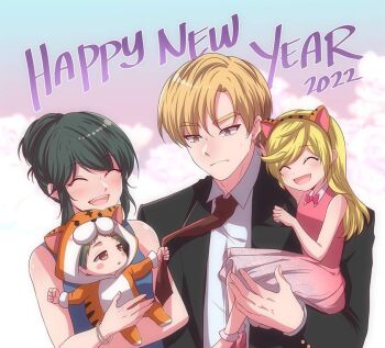 2022 2boys 2girls ^_^ animal_ears animal_print baby bare_shoulders blonde_hair blush_stickers bracelet brown_eyes brown_necktie carrying carrying_baby carrying_person character_request child chinese_zodiac closed_eyes commentary copyright_request dress english_commentary enjelicious fake_animal_ears family formal_clothes frown green_hair grey_eyes hair_bun happy_new_year jewelry long_hair multiple_boys multiple_girls necktie new_year onesie open_mouth pale_skin pink_dress short_hair smile tiger_print year_of_the_tiger