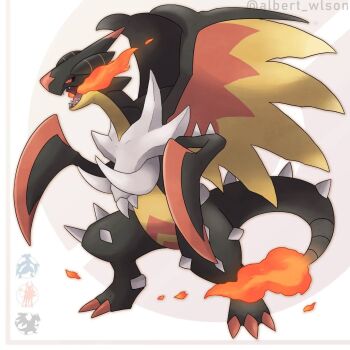 Rule 34 | albrt-wlson, black sclera, breath weapon, breathing fire, bright pupils, charizard, colored sclera, commentary, commission, dragon, dragon wings, english commentary, fire, flame-tipped tail, full body, fusion, garchomp, gen 1 pokemon, gen 2 pokemon, gen 4 pokemon, highres, houndoom, instagram username, mega charizard x, mega houndoom, mega pokemon, nintendo, no humans, open mouth, orange eyes, pokemon, pokemon (creature), pokemon focus, sharp teeth, solo, spikes, tail, teeth, white pupils, wings