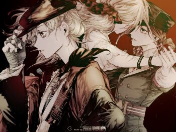 Rule 34 | 2girls, aima (reverse:1999), black background, black coat, black hat, braid, braided hair rings, cloak, coat, face-to-face, fingerless gloves, from side, gloves, gradient background, green jacket, grin, gyujik qzc, hair rings, hand on headwear, hashtag-only commentary, hat, highres, holding hands, jacket, looking at another, low twintails, multiple girls, multiple views, newsboy cap, parted lips, peaked cap, profile, red background, red cloak, reverse:1999, rubuska, shirt, smile, twintails, white gloves, white hair, white shirt