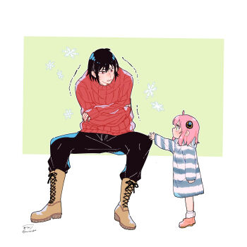 Rule 34 | 1boy, 1girl, absurdres, ahoge, anya (spy x family), awarinko, black hair, black pants, boots, brown boots, crossed arms, dress, fur-trimmed boots, fur trim, green background, green eyes, hair between eyes, highres, hood, hood down, hooded dress, lace-up boots, long sleeves, outstretched arm, pants, pink hair, profile, puffy long sleeves, puffy sleeves, red eyes, signature, sitting, sleeves past wrists, socks, spy x family, standing, striped clothes, striped dress, trembling, twitter username, two-tone background, white background, white socks, yuri briar