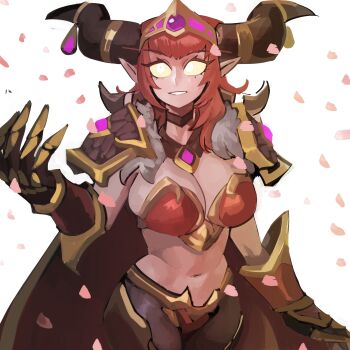 1girl 33dot absurdres alexstrasza boobplate breastplate breasts brown_hair character_request cleavage commentary cowboy_shot dragon_girl english_commentary helmet heroes_of_the_storm highres large_breasts medium_hair petals pink_petals pointy_ears simple_background solo white_background