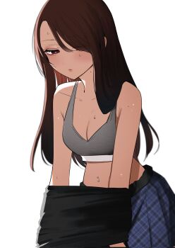 1girl black_shirt blue_skirt bra breasts bright_pupils brown_hair cleavage closed_mouth commentary_request cowboy_shot grey_bra hair_over_one_eye highres hot inoue_koharu long_hair medium_breasts navel_piercing original piercing plaid_clothes plaid_skirt red_eyes shirt simple_background skirt solo sweat underwear undressing unmoving_pattern white_background white_pupils