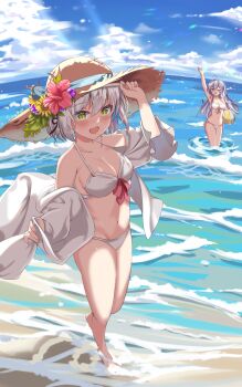 2girls absurdres amnesia_(majo_no_tabitabi) arm_up armpit_crease armpits ball bare_shoulders beachball bikini blush breasts cleavage cloud cloudy_sky collarbone commentary_request day elaina_(majo_no_tabitabi) flower grey_hair hair_between_eyes hat hat_flower highres holding holding_ball holding_beachball long_hair looking_at_viewer majo_no_tabitabi multiple_girls navel one_eye_closed open_mouth outdoors red_flower sky stomach swimsuit thighs white_bikini white_hair whitecatcat