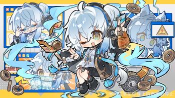 1girl absurdres animal_ears bell black_jacket black_nails black_shoes blue_hair buling_(wuthering_waves) closed_eyes coin detached_sleeves dress electricity glasses headphones highres holed_coin holographic_interface jacket kemonomimi_mode long_hair looking_at_viewer multiple_views nail_polish one_eye_closed open_mouth pince-nez round_eyewear saucer_(saucer752) shoes side_ponytail smile struck_by_lightning sunglasses white_dress wuthering_waves yellow_eyes yin_yang