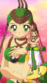 1990s_(style) 1girl bindi bishoujo_senshi_sailor_moon bishoujo_senshi_sailor_moon_supers blush bracelet breasts cleavage clone dual_persona green_eyes green_hair highres jewelry junjun_(sailor_moon) midriff mikiky nail_polish navel pants pink_background retro_artstyle sandals short_hair smile