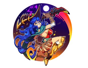 Rule 34 | 1girl, armor, armored boots, bandaged arm, bandaged leg, bandages, belt, blue hair, boots, breasts, brown skirt, cape, commentary, commission, dagger, dang (runescape), duellist's cap (tier 6), english commentary, fingerless gloves, full body, full moon, gem, gladiator, gloves, glowing hat, gold trim, green belt, green cape, green gem, grin, hat, holding, holding dagger, holding knife, holding weapon, knife, leg armor, leotard, lightning, long hair, medium breasts, moon, night, old school runescape, original, outdoors, pixel art, poleyn, red leotard, runescape, second-party source, skirt, sky, smile, smug, solo, standing, star (sky), starry sky, step dev1, sun symbol, thick eyebrows, very long hair, weapon, yellow eyes