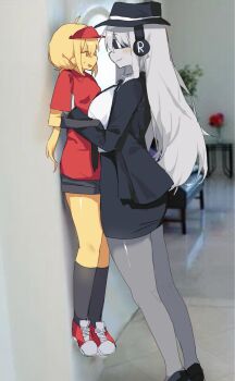 2girls ahoge black_hat black_jacket black_necktie black_shoes black_shorts black_sleeves black_socks blazer blonde_hair blush_stickers breasts carrying carrying_person chance_(forsaken) collared_shirt colored_skin cropped_legs detached_sleeves drfghugfg34956 elliot_(roblox) fedora forsaken_(roblox) from_side full_body genderswap genderswap_(mtf) grey_pantyhose hair_between_eyes hands_on_another's_arms hat headphones height_difference high_heels highres jacket large_breasts lauren_phillips_lifting_alice_merchesi_(meme) lifting_person long_hair long_sleeves looking_at_another low_ponytail meme miniskirt multiple_girls necktie open_clothes open_jacket open_mouth pantyhose pencil_skirt personification ponytail raised_eyebrows raised_inner_eyebrows red_shirt red_shoes roblox screenshot_background shirt shoes short_sleeves shorts skirt small_breasts smile sneakers socks sunglasses white_hair white_shirt white_skin yellow_skin