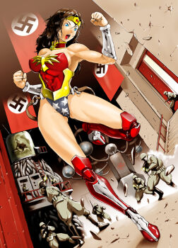 1girl animification bare_shoulders battle black_hair blue_eyes boots bracelet breasts cameltoe choker covered_erect_nipples dc_comics flag gun jewelry kneehighs leotard long_hair machine_gun medium_breasts military military_uniform nazi open_mouth penis shimotsuki_juugo socks soldier solo swastika thighhighs tiara weapon wonder_woman wonder_woman_(series)