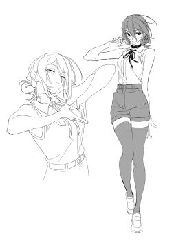 Rule 34 | 1girl, arm behind back, bare arms, bare shoulders, black choker, black ribbon, breasts, chainsaw man, choker, collared shirt, commentary, full body, grenade pin, greyscale, hair between eyes, hair bun, heart, heart hands, highres, loafers, medium breasts, medium hair, monochrome, neck ribbon, own hands together, reze (chainsaw man), ribbon, shirt, shoes, shorts, sleeveless, sleeveless shirt, smile, solo, thighhighs, updo, upper body, white background, white shirt, yiguanli123