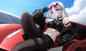 1girl arm_strap bare_shoulders black_choker black_gloves black_jacket black_pantyhose black_shirt black_shorts blue_sky breasts car choker cloud commentary crop_top day drake_(nikke) drake_(villain_racer)_(nikke) earrings ferrari ferrari_sf90_stradale fishnet_pantyhose fishnets gloves goddess_of_victory:_nikke grin groin hair_ornament hand_up highres jacket jewelry looking_at_viewer medium_breasts midriff motor_vehicle navel off_shoulder on_car outdoors pantyhose parted_bangs purple-tinted_eyewear red_eyes shadow shirt short_hair short_shorts shorts sidelocks sitting sky small_chair_(xiaosaiyi33818) smile solo sunglasses thigh_strap tinted_eyewear triangle_earrings white_hair