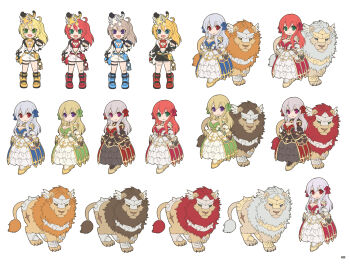 2girls absurdres alternate_color armor armored_boots armored_dress baby_animal bikini bikini_top_only black_gloves black_jumpsuit black_socks blonde_hair blue_bikini blue_boots blue_bow blue_dress blue_eyes boots bow breasts cleavage closed_mouth commentary_request cross dress faulds fingerless_gloves flat_chest full_body gauntlets gloves green_bow green_dress green_eyes grey_hair high_ponytail highres jewelry jumpsuit large_breasts lion long_hair long_sleeves looking_at_viewer mechanic_(ragnarok_online) multiple_girls navel necklace official_alternate_costume open_jumpsuit open_mouth pauldrons petticoat ponytail purple_eyes ragnarok_online red_bikini red_boots red_bow red_dress red_eyes red_hair royal_guard_(ragnarok_online) shoulder_armor simple_background smile socks swimsuit teru_suzu tiger tiger_cub variations white_background white_jumpsuit yellow_bikini