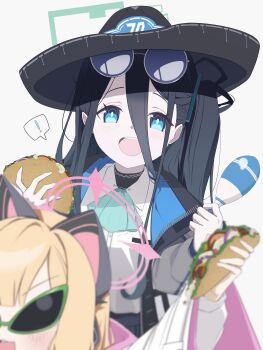 ! 2girls :d absurdres animal_ear_headphones animal_ears aqua_halo aris_(blue_archive) ascot black_hair black_hat blonde_hair blue_archive blue_ascot blurry blush bright_pupils cat_ear_headphones cat_ears collared_shirt commentary depth_of_field fake_animal_ears food hair_between_eyes halo happy hat headphones highres holding holding_food holding_instrument holding_maracas instrument jacket long_hair looking_at_viewer maracas millennium_science_school_logo momoi_(blue_archive) multiple_girls open_clothes open_jacket open_mouth pink_halo rebornrabbit rectangular_halo ringed_eyes school_uniform shirt simple_background smile solo_focus sombrero speech_bubble spoken_exclamation_mark sunglasses taco teeth upper_body upper_teeth_only white_background white_jacket white_pupils white_shirt