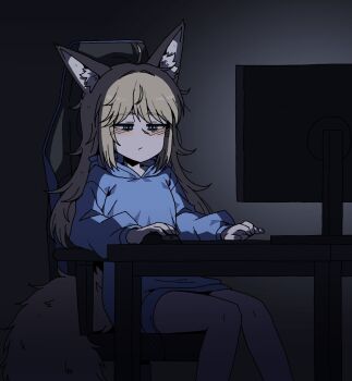 ahoge animal_ears armrest baggy_clothes bare_legs blonde_hair blue_eyes blue_hoodie blush chair commission commissioner_upload computer_keyboard computer_mouse dark_room desk fox_ears fox_girl fox_tail highres hood hoodie karepack kino_(senkoin) knees_together_feet_apart legs_together long_hair messy_hair monitor office_chair original sleepy swivel_chair tail thighs