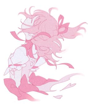 1girl asymmetrical_hair ayumaru_(art_of_life) back_cutout blurry_edges bow choker choppy_bangs closed_eyes clothing_cutout cropped_torso disintegration expressionless floating_hair frilled_sleeves frills from_side gloves hair_ribbon hands_on_own_chest hands_up head_back heart_cutout highres kaname_madoka kaname_madoka_(magical_girl) mahou_shoujo_madoka_magica mahou_shoujo_madoka_magica_(anime) muted_color no_mouth pale_color parted_bangs pink_bow pink_choker pink_hair pink_ribbon pink_theme profile puffy_short_sleeves puffy_sleeves ribbon ribbon_choker short_sleeves short_twintails sidelocks simple_background solo twintails untied_ribbon upper_body waist_bow white_background white_gloves white_sleeves