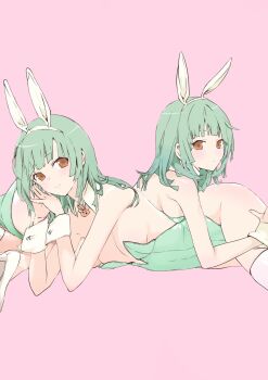 animal_ears ass bakemonogatari bare_shoulders blunt_bangs breasts clone covered_navel detached_collar green_hair high_heels highres hip_bones long_hair lying monogatari_(series) on_side orange_eyes pink_background playboy_bunny rabbit_ears rabbit_tail sengoku_nadeko sideboob simple_background small_breasts tail thighhighs thighs usa003uni white_footwear white_thighhighs wrist_cuffs