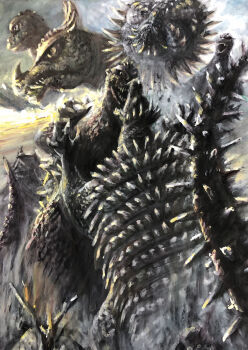 absurdres anguirus battle black_eyes claws cloud commentary_request day debris fangs g.n.a giant giant_monster godzilla godzilla_(series) godzilla_raids_again highres horns kaiju no_humans open_mouth outdoors rolled_up sharp_teeth single_horn spiked_shell spiked_tail spikes tail teeth toho_(movie_company)