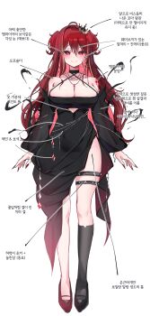 Rule 34 | 1girl, absurdres, ahoge, akane lize, arms at sides, belt, black dress, black shoes, black socks, blush, breasts, cleavage, closed mouth, commentary, criss-cross halter, criss-cross straps, crown, dated commentary, detached sleeves, double-parted bangs, dress, fingernails, full body, hair between eyes, halterneck, highres, korean text, long bangs, long fingernails, long hair, long sleeves, looking at viewer, low neckline, mini crown, mole, mole under eye, nail polish, pointing out the details, raised inner eyebrows, red hair, red nails, shoes, side slit, single sock, sleeveless, sleeveless dress, smile, socks, solo, spiked belt, split mouth, standing, stellive, straight-on, thigh belt, thigh strap, translation request, two side up, untranslatable commentary, virtual youtuber, yeomhwauranyum