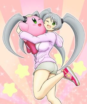 Rule 34 | 1girl, :d, alternate eye color, ass, blush, blush stickers, breasts, casual, character print, colored skin, commentary, copy ability, crossover, english commentary, green eyes, grey hair, grey shorts, hood, hooded jacket, hug, jacket, kirby, kirby (series), large breasts, long hair, nintendo, one eye closed, open mouth, orange background, pink background, pink skin, purple jacket, red background, senran kagura, senran kagura new wave, shirt, shoes, short shorts, shorts, smile, sneakers, solo, sparkle, star (symbol), star symbol background, sunburst, sunburst background, swept bangs, tsubame (senran kagura), twintails, very long hair, warp star, white shirt, yui (jisatsu)