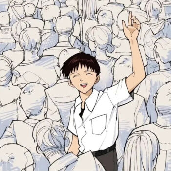 1boy :d arm_at_side arm_up artist_request belt black_belt black_pants breast_pocket brown_hair closed_eyes collared_shirt cowboy_shot crowd crowded dress_shirt evangelion:_3.0+1.0_thrice_upon_a_time facing_away facing_viewer ikari_shinji male_focus neon_genesis_evangelion non-web_source official_art open_mouth pants partially_colored people pocket promotional_art rebuild_of_evangelion school_uniform shirt short_sleeves smile solo_focus standing teeth tokyo-3_middle_school_uniform undershirt upper_teeth_only waving white_shirt