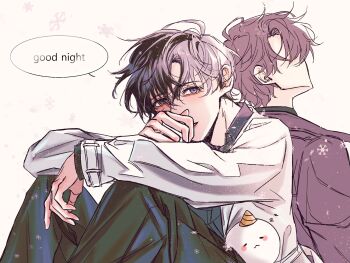 2boys back-to-back biyoo_(omniscient_reader&#039;s_viewpoint) black_coat black_eyes black_hair black_shirt blush coat collared_shirt commentary_request covering_own_mouth curtained_hair elbows_on_knees english_text head_tilt highres kim_dokja knees_up korean_commentary male_focus multiple_boys obok_0215 omniscient_reader&#039;s_viewpoint open_clothes open_coat popped_collar shirt short_hair snowflakes speech_bubble the_truman_show white_coat yoo_joonghyuk