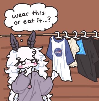 1girl arthropod_girl blush brown_background clothes_hanger clothes_rack colored_skin commentary english_commentary english_text hand_on_own_chin highres insect_girl insect_wings jaggy_lines logo long_hair moth_antennae moth_girl moth_wings nasa_logo original purple_shirt shirt speech_bubble thought_bubble tingusbungus white_eyes white_hair white_skin wings