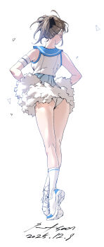 1girl absurdres ass brown_eyes cheerleader dress facing_away from_behind full_body highres nabipenciller original panties pom_pom_(cheerleading) ponytail sailor_collar shoes sneakers solo underwear white_panties