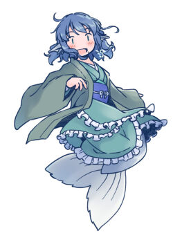 1girl :d blue_eyes blue_hair blue_sash blush commentary_request fins fish_tail frilled_kimono frills full_body green_kimono head_fins japanese_clothes kimono long_sleeves mermaid monster_girl open_mouth rangycrow sash simple_background smile solo tail touhou wakasagihime white_background