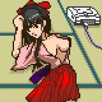 Rule 34 | 1girl, black hair, breasts, brown eyes, cleavage, game console, hair ribbon, highres, japanese clothes, large breasts, long hair, long skirt, lying, nipple slip, nipples, no bra, open clothes, pixel art, ponytail, ribbon, sakura taisen, sega, sega saturn, shinguuji sakura, skirt, solo