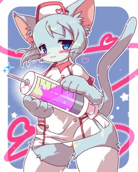 1girl :3 animal_ears ayame_(cat_busters) blue_background blue_eyes blue_fur blue_hair blush border breasts cat_busters cat_ears cat_girl cat_tail commentary_request cowboy_shot dress furry furry_female hat holding holding_syringe looking_at_viewer nurse nurse_cap panties pantyshot pear-shaped_figure rao_(artist) rounded_corners short_hair sidelocks simple_background small_breasts solo standing syringe tail thighhighs underwear whiskers white_border white_dress white_hat white_panties wide_hips