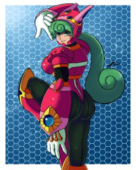 Rule 34 | absurdres, ass, blue eyes, dress, green hair, highres, humanoid robot, marino (mega man), mega man (series), mega man x (series), non-web source, pink dress, robot
