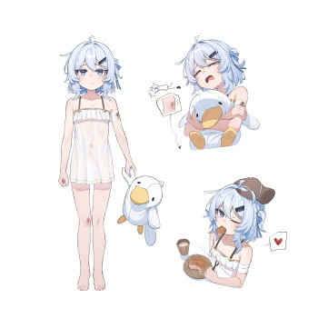 1boy 1girl absurdres ahisha_(di_le_to) ahoge arms_at_sides bare_legs barefoot blue_eyes bread bruise closed_eyes covered_navel crying cup di_le_to disembodied_hand double-parted_bangs drink drinking_glass eating food fork frown full_body gold_trim grey_hair hair_between_eyes hair_ornament hairclip headpat heart highres holding holding_fork holding_stuffed_toy hugging_object injury light_blush loli looking_at_viewer medium_hair multiple_views nightgown no_panties open_mouth original plate scraped_knee simple_background spoken_heart standing stuffed_animal stuffed_duck stuffed_toy tears tripping white_background white_nightgown