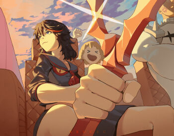 Rule 34 | > <, 1boy, 2girls, absurdres, anger vein, artist name, black hair, blue eyes, brown hair, brucec, cloud, commentary, english commentary, gamagoori ira, highres, kill la kill, life fiber, living clothes, mankanshoku mako, matoi ryuuko, mixed-language commentary, multiple girls, open mouth, red streaks, scissor blade (kill la kill), senketsu, spikes