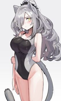 1girl animal_ears arknights arm_behind_back black_one-piece_swimsuit blush breasts cat_ears cat_girl cat_tail closed_mouth commentary_request competition_swimsuit eyes_visible_through_hair gradient_background grey_background grey_hair hair_ornament highres large_breasts long_hair looking_at_viewer one-piece_swimsuit ponytail schwarz_(arknights) solo solokitsune standing swimsuit tail thighs yellow_eyes