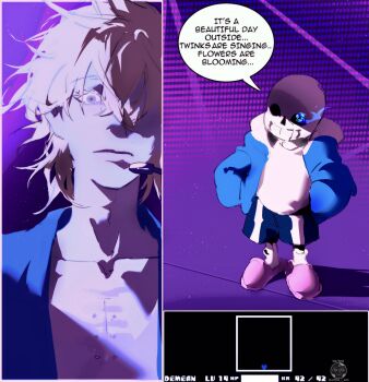 2boys alien_stage artist_name black_shorts blonde_hair blue_jacket commentary crossover english_commentary english_text glowing glowing_eye hands_in_pockets headset health_bar heart highres hollow_eyes jacket luka_(alien_stage) male_focus microphone multiple_boys pink_slippers sans_(undertale) shirt short_hair shorts skeleton slippers smile uchiha_i_arts undertale user_interface utdr_(toby_fox) white_hood white_shirt yellow_eyes
