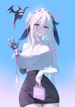 Rule 34 | 1girl, absurdres, animal ears, bag, bandaged arm, bandages, black skirt, blue eyes, breasts, chaos zero nightmare, commentary, flower, hair flower, hair ornament, hand up, heart, high-waist skirt, highres, holding, holding bag, large breasts, long hair, looking at viewer, mole, mole under mouth, monster, mr. bell, narja (chaos zero nightmare), open mouth, pale skin, skirt, smile, sweater, teeth, untranslatable commentary, white hair, white sweater